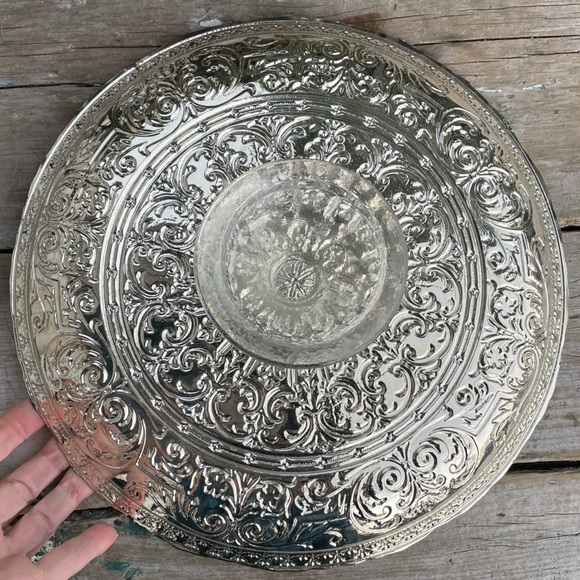 Antiqued Blue Silver Foil Embossed Glass Cake platter - Picture 9 of 16